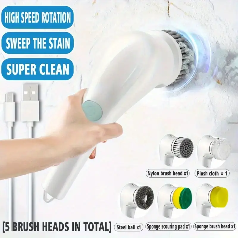 7pcs Electric Spin Scrubber, Cordless Handheld Cleaning Brush With 5 Replaceable Brush Heads, USB Rechargeable 360°Power Scrubber Mop For Wall Bathtub